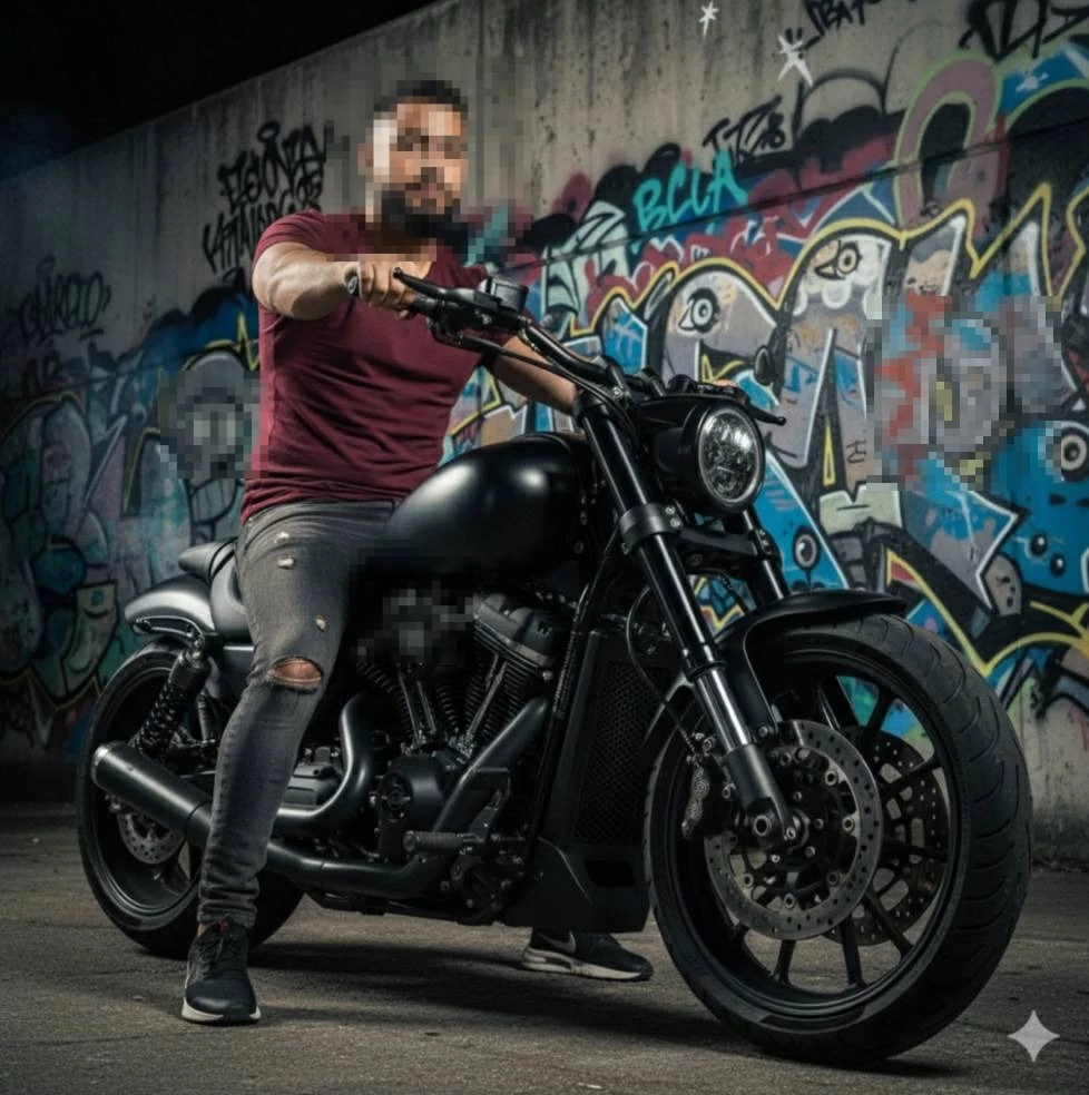 Man on Black Motorcycle in Front of Colorful Graffiti Wall at Night