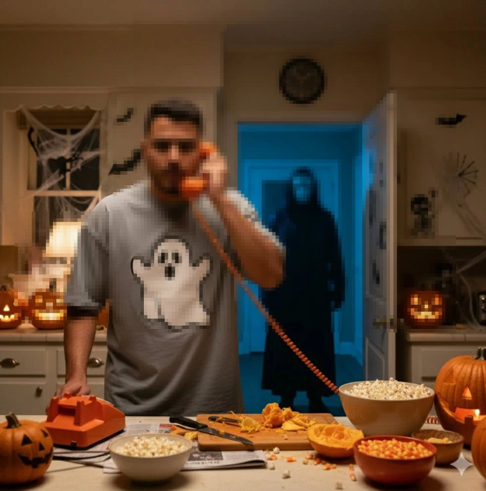 Man on Phone in Halloween Kitchen with Masked Figure in Spooky Background
