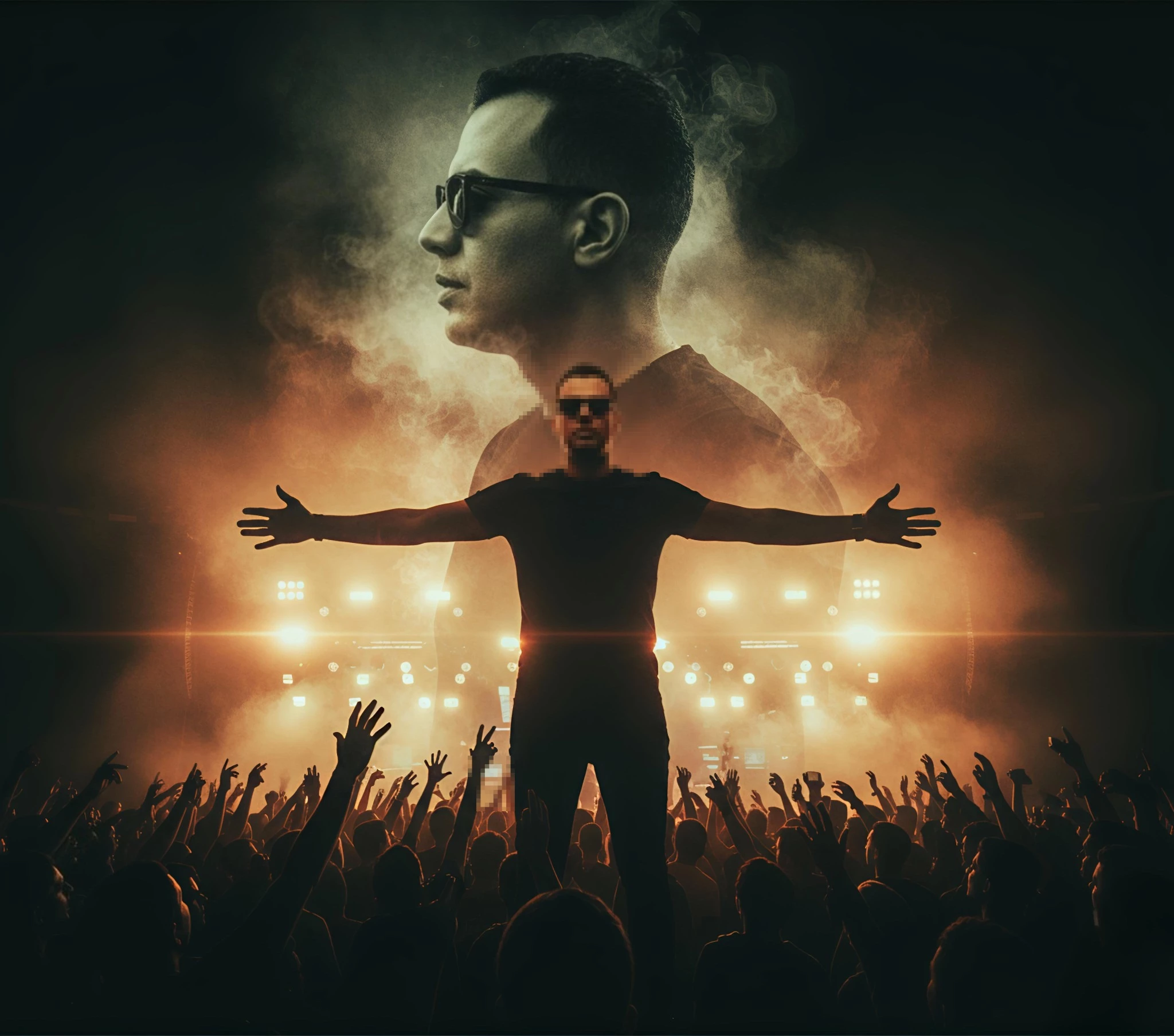 Man Performing on Stage with Crowd and Dramatic Lights