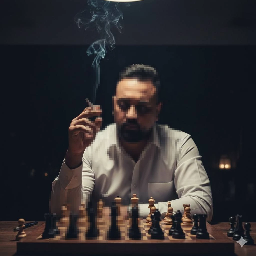 Man playing chess under moody lighting with rising smoke in a thoughtful scene