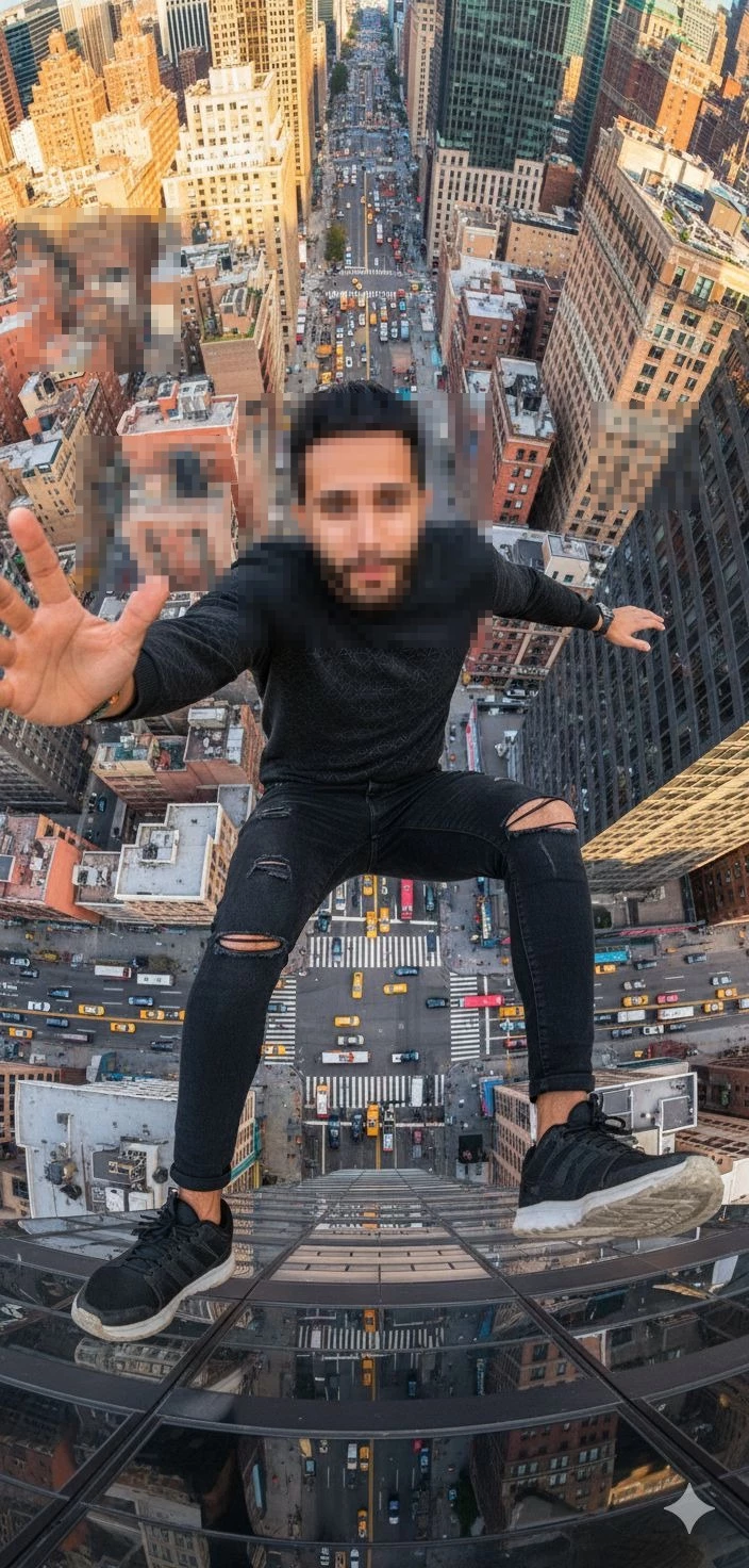 Man Posing Dramatically on a Skyscraper Edge Overlooking a Busy Cityscape