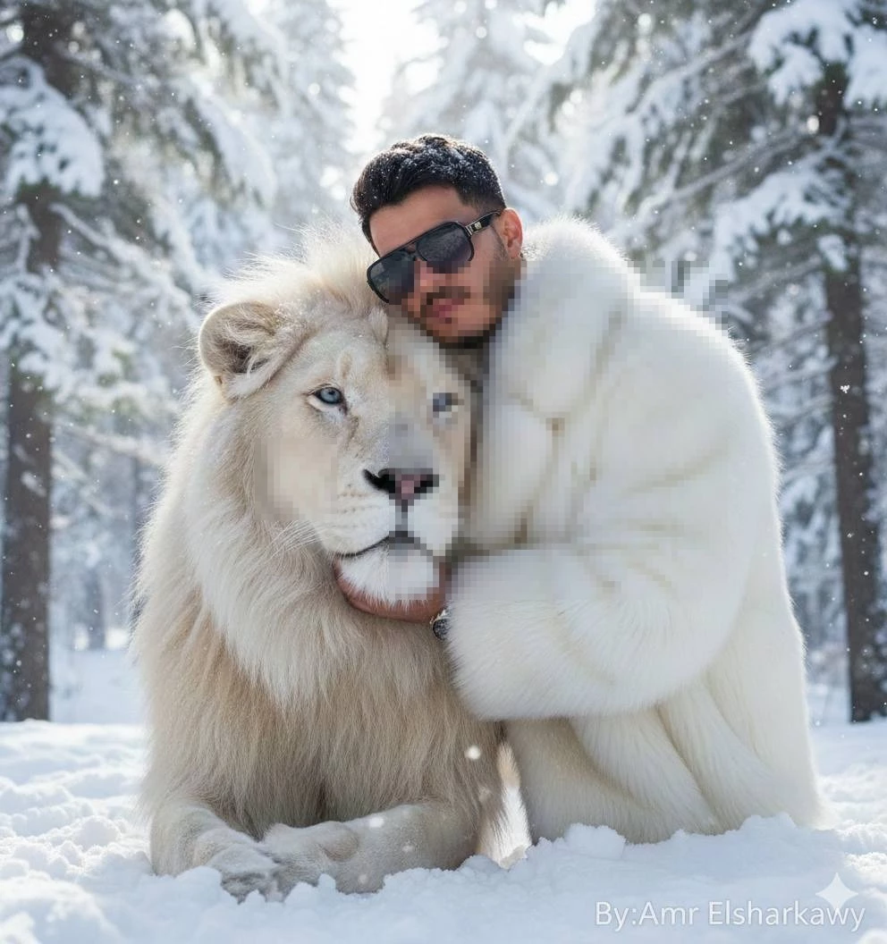 Man Posing With a Majestic White Lion in a Snowy Winter Forest