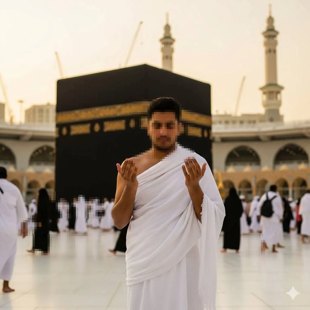 Man Praying in Front of the Kaaba During Hajj in Mecca