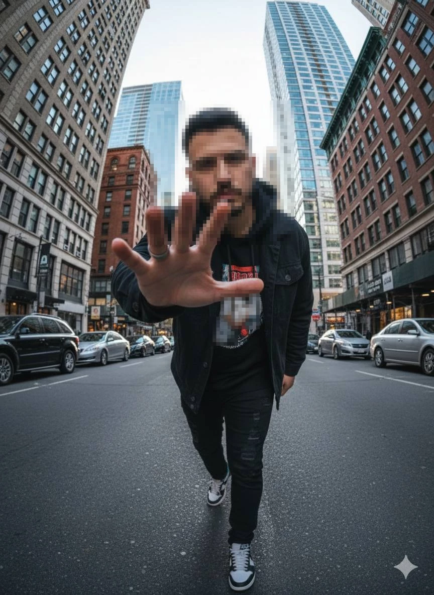 Man Reaching Toward Camera on Busy City Street Surrounded by Tall Buildings