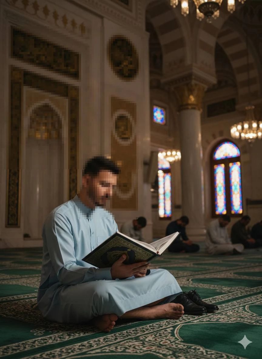 Man Reading the Holy Quran Inside a Beautiful Mosque