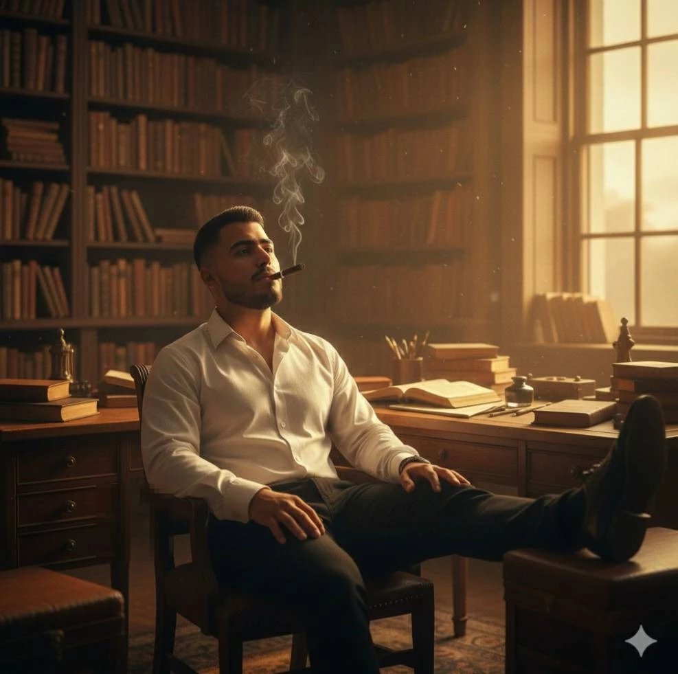 Man Relaxing in Vintage Library Smoking Cigar Under Warm Golden Light