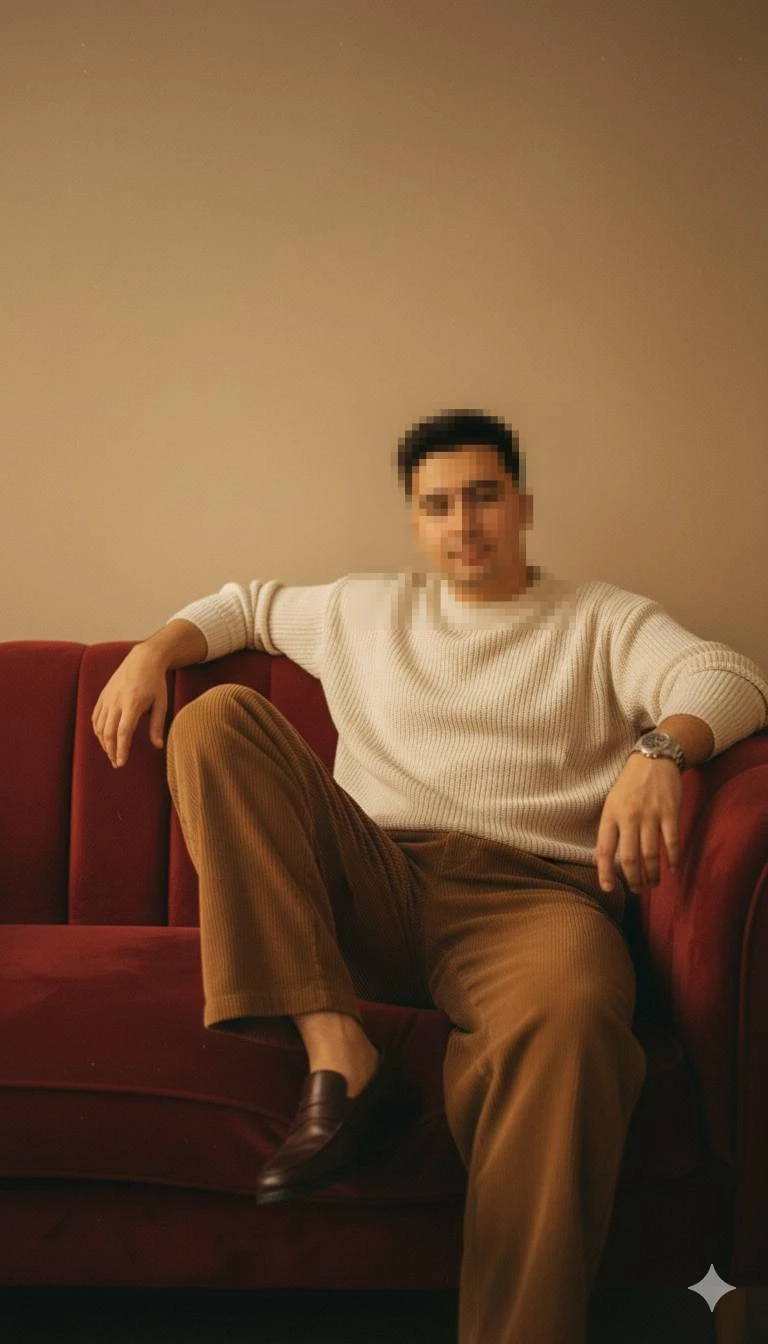 Man Relaxing on a Red Sofa in a Cozy Minimalist Indoor Setting