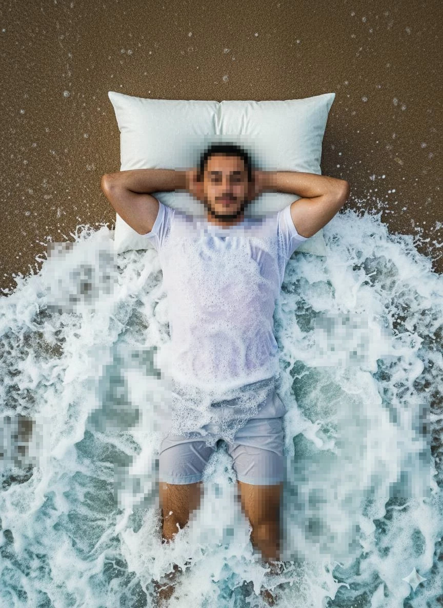 Man Relaxing on Beach with Waves Washing Over Him in White T Shirt