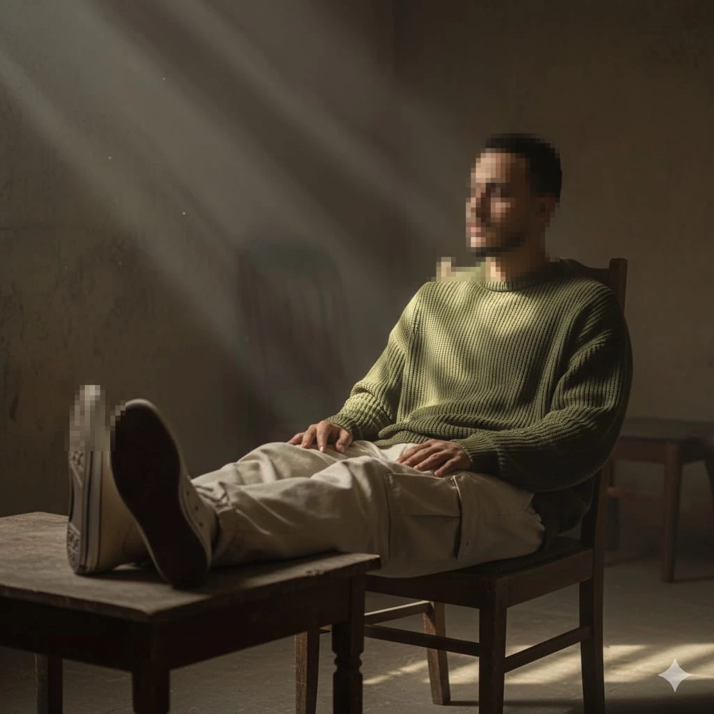 Man relaxing on chair with legs on table in warm sunlight through window