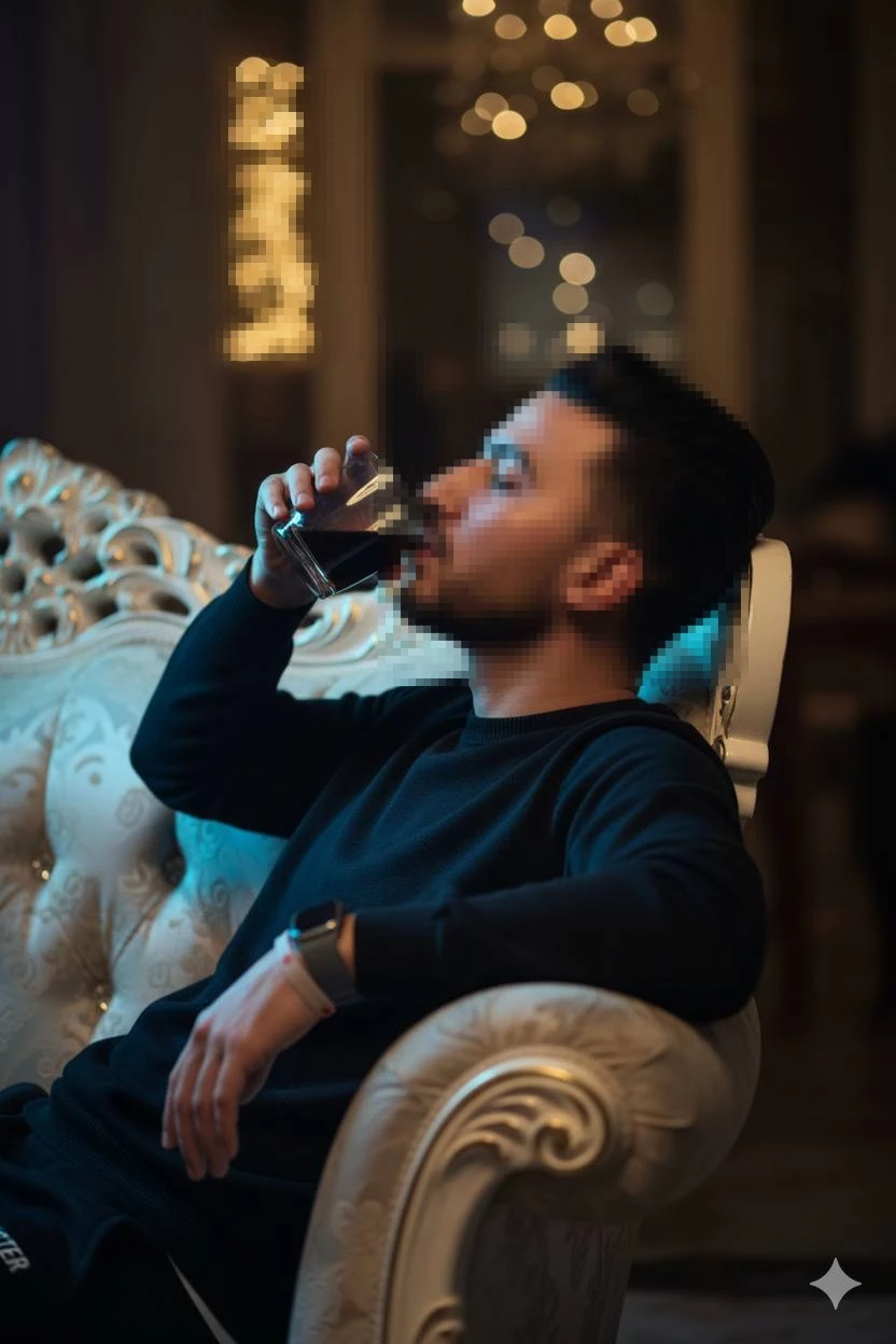 Man relaxing on elegant sofa while drinking from a glass in warm evening light