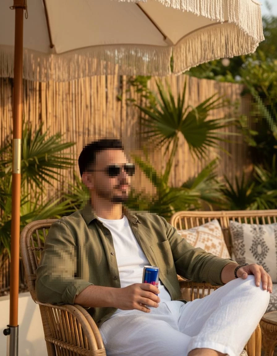 Man relaxing outdoors with drink under umbrella wearing sunglasses and casual outfit