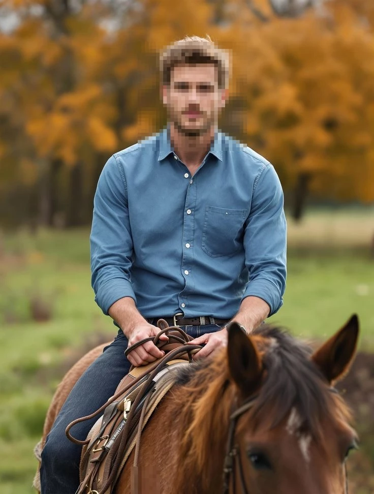 Man riding a brown horse in autumn forest scenery