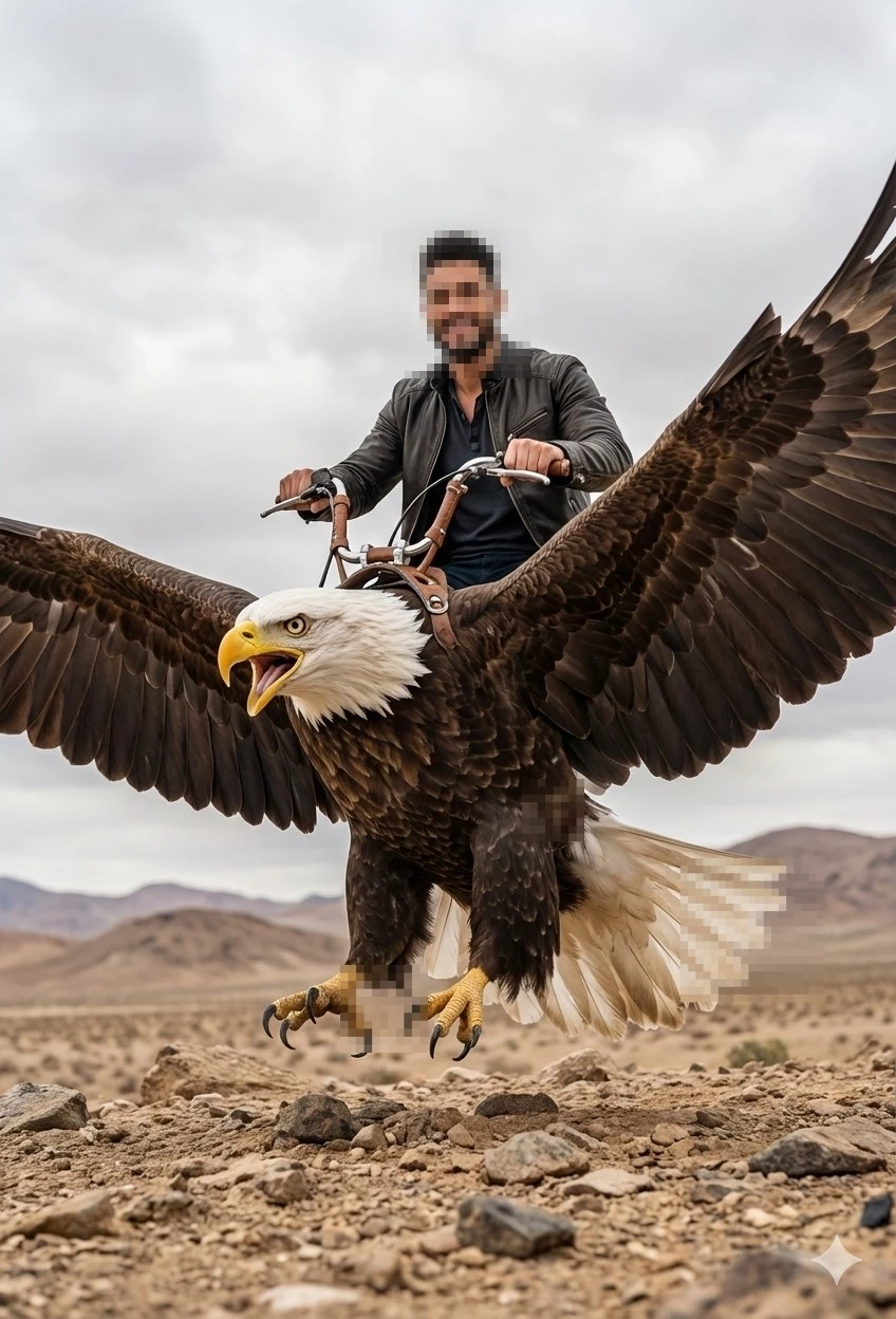 Man Riding a Giant Bald Eagle Across a Rocky Desert Landscape
