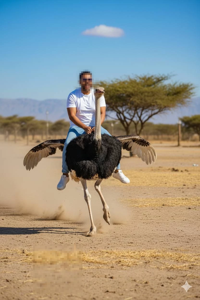 Man riding an ostrich in the desert under a clear blue sky