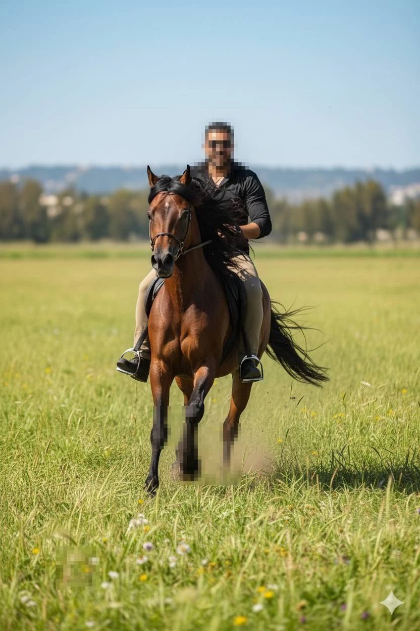 Man riding brown horse across green meadow under clear blue sky