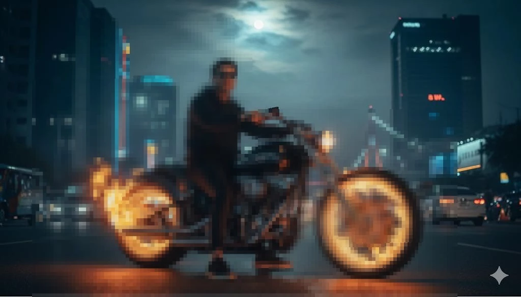 Man Riding Custom Motorcycle with Flaming Wheels on City Street at Night