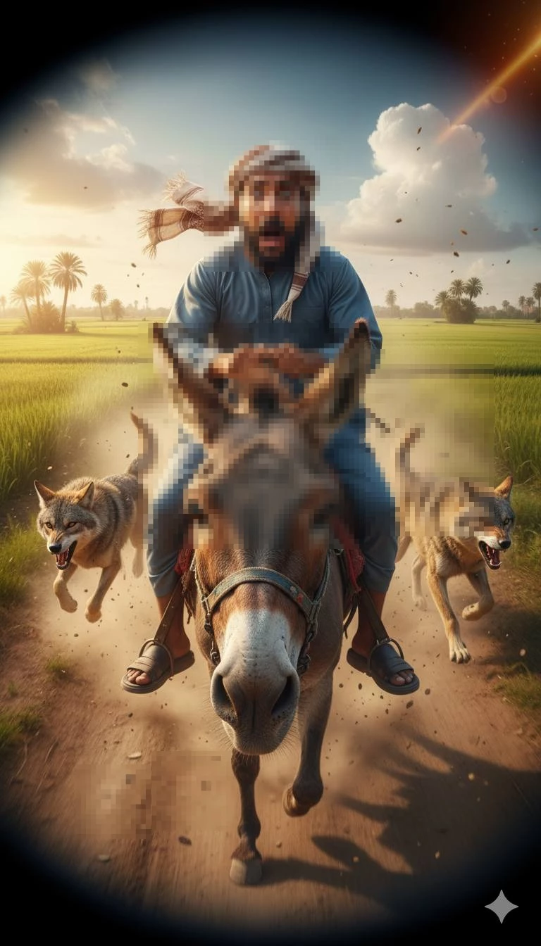 Man Riding Donkey Escaping Wolves on Dusty Road in Countryside
