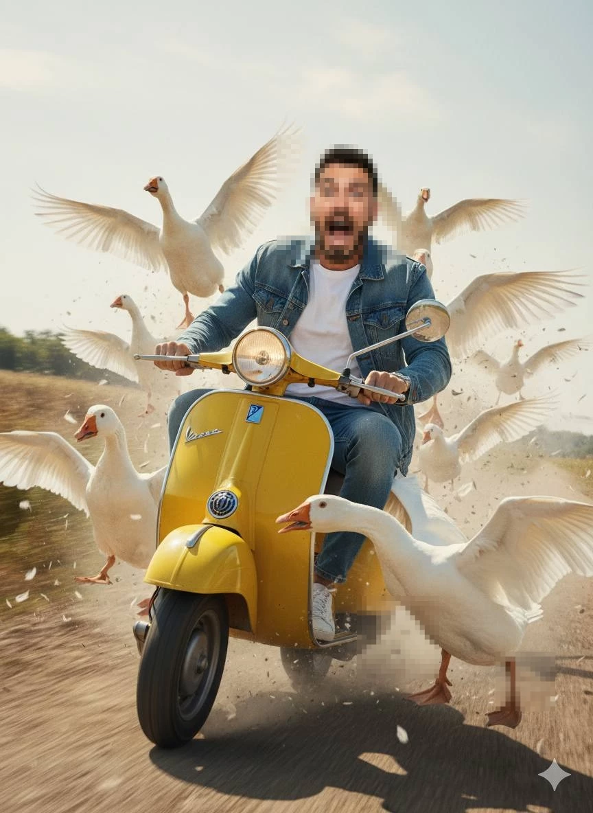 Man Riding Yellow Vespa Surrounded by Flying Geese on Dusty Road