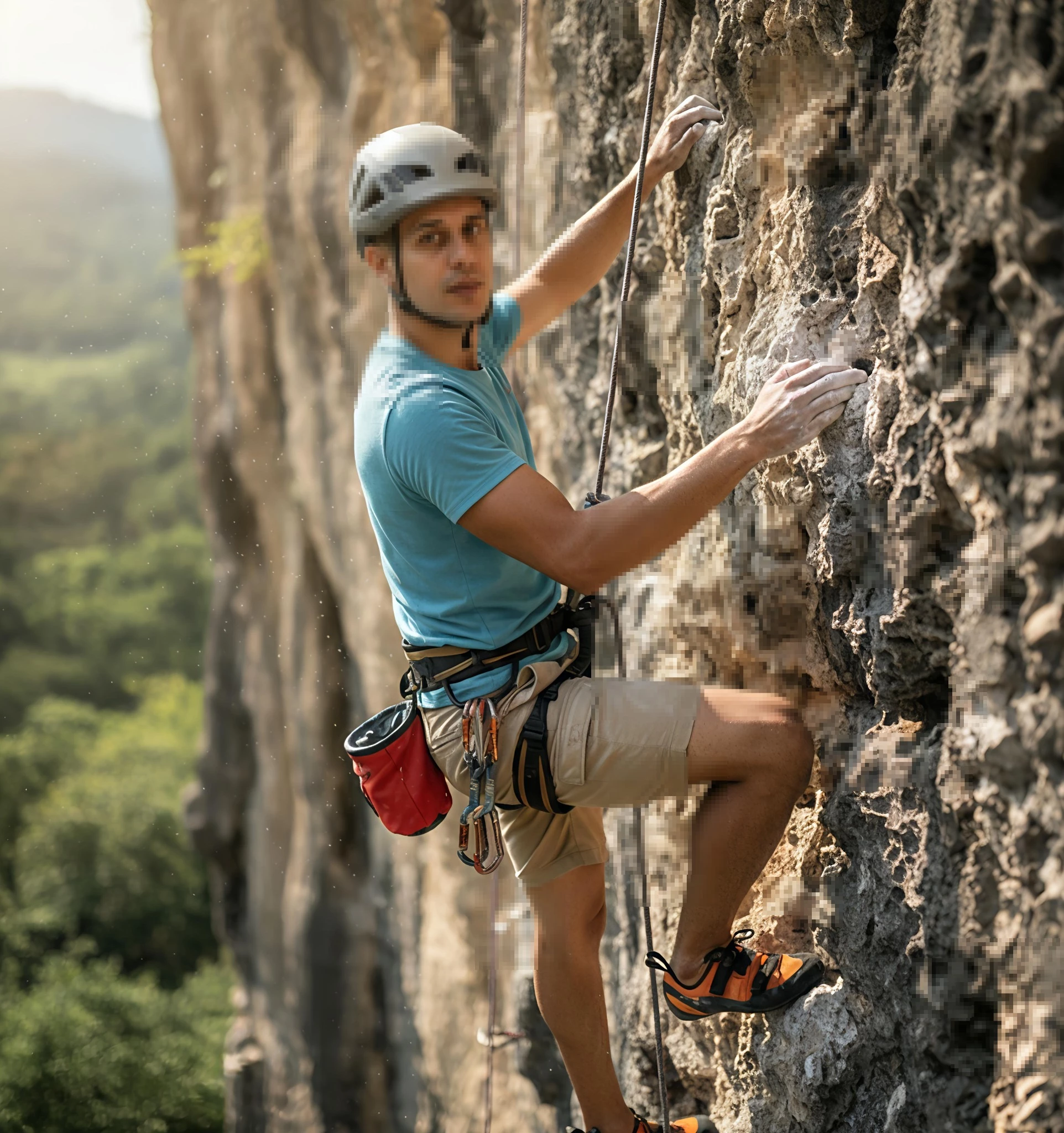 Man Rock Climbing on Steep Cliff in Nature with Safety Gear and Helmet