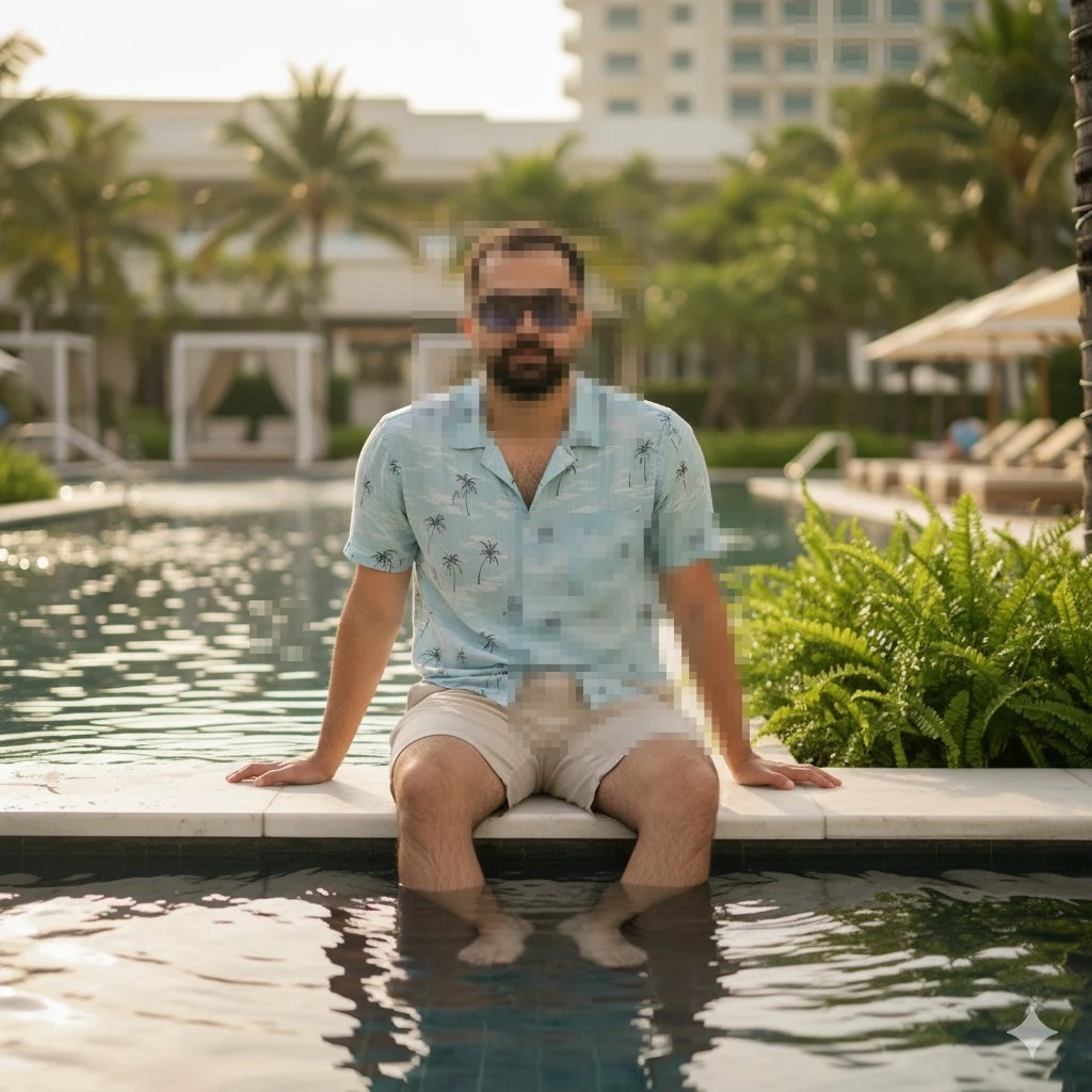 Man sitting by the pool wearing blue palm print shirt and beige shorts in resort