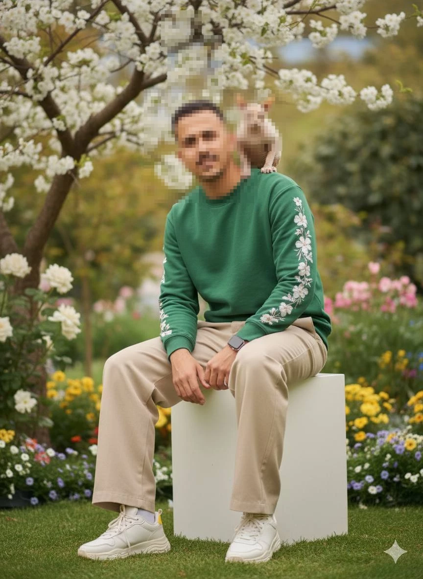 Man Sitting in a Blooming Garden with a Sphynx Cat on His Shoulder
