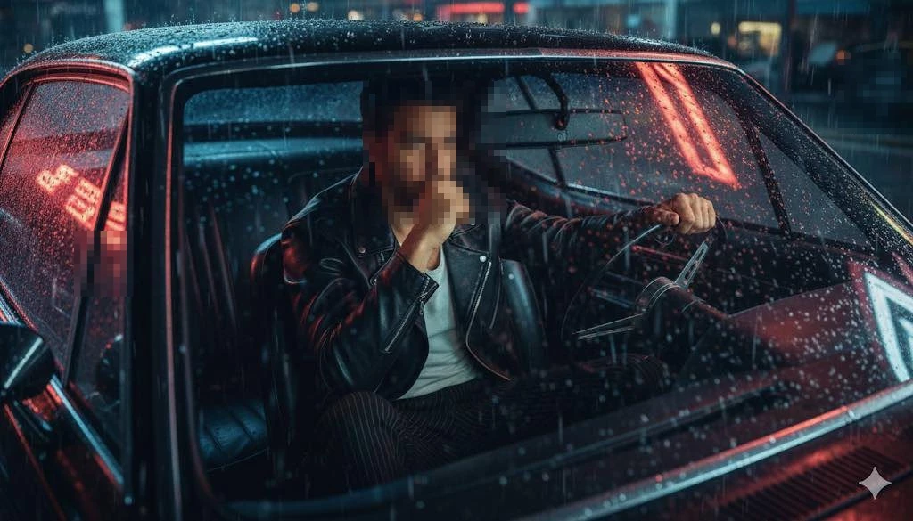 Man Sitting in Car on Rainy Night Wearing Black Leather Jacket and Thinking