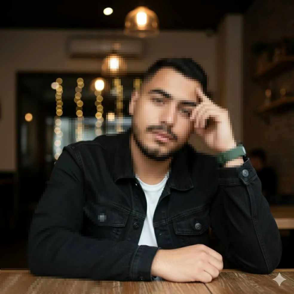 Man Sitting in Cozy Café with Warm Lights Wearing Black Denim Jacket