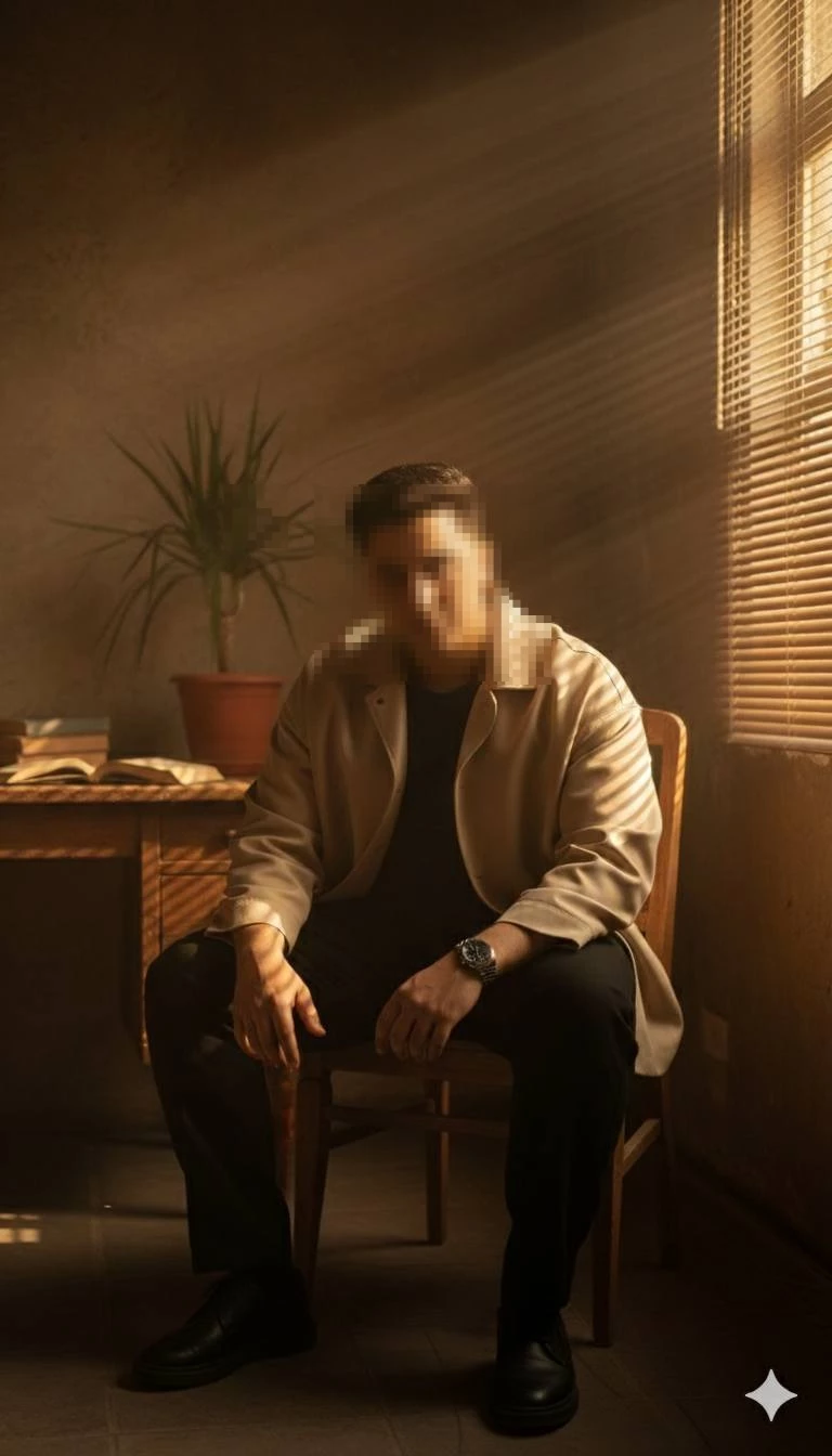 Man Sitting in Warm Sunlit Room with Cinematic Shadows