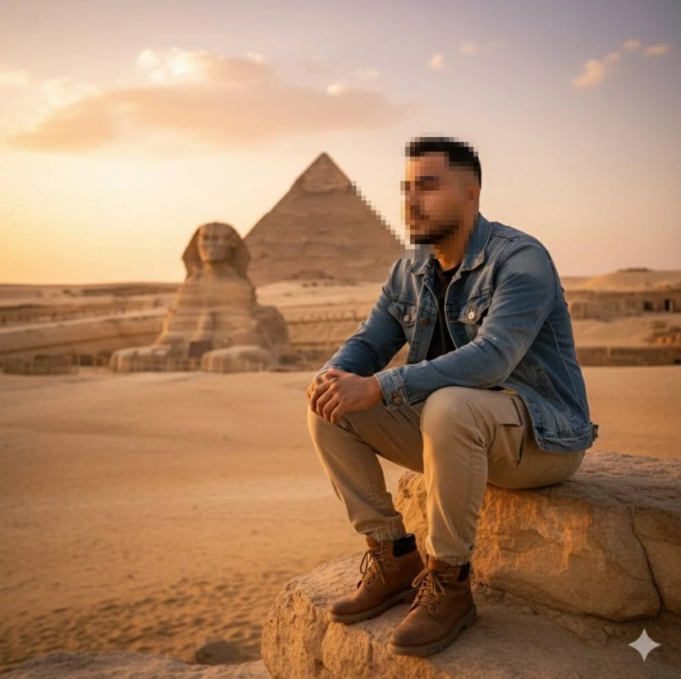 Man Sitting Near the Great Sphinx and Pyramid of Giza at Sunset