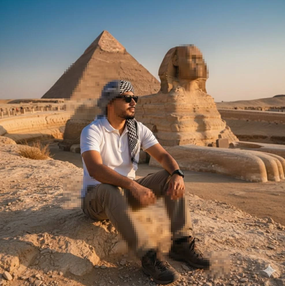 Man sitting near the Great Sphinx and Pyramid of Giza under golden sunlight