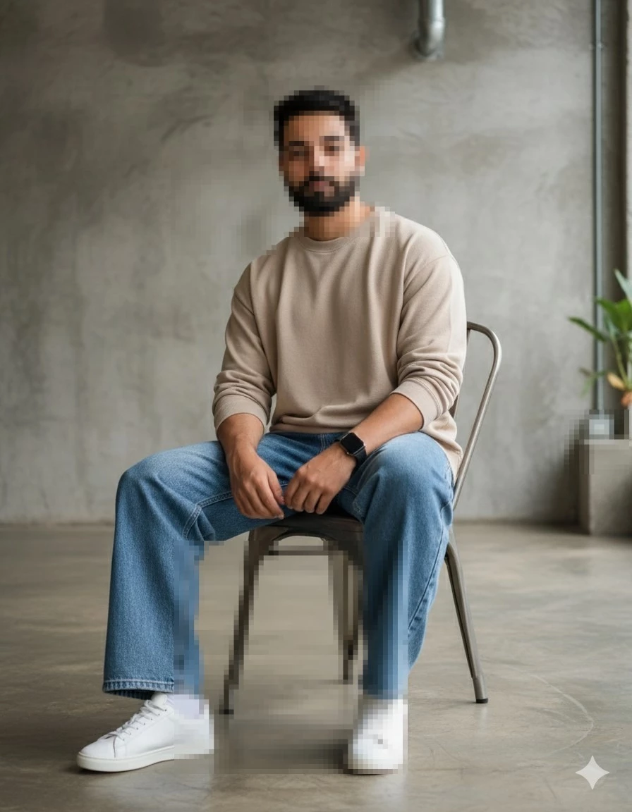 Man sitting on a chair wearing beige sweatshirt and blue jeans in modern studio setting
