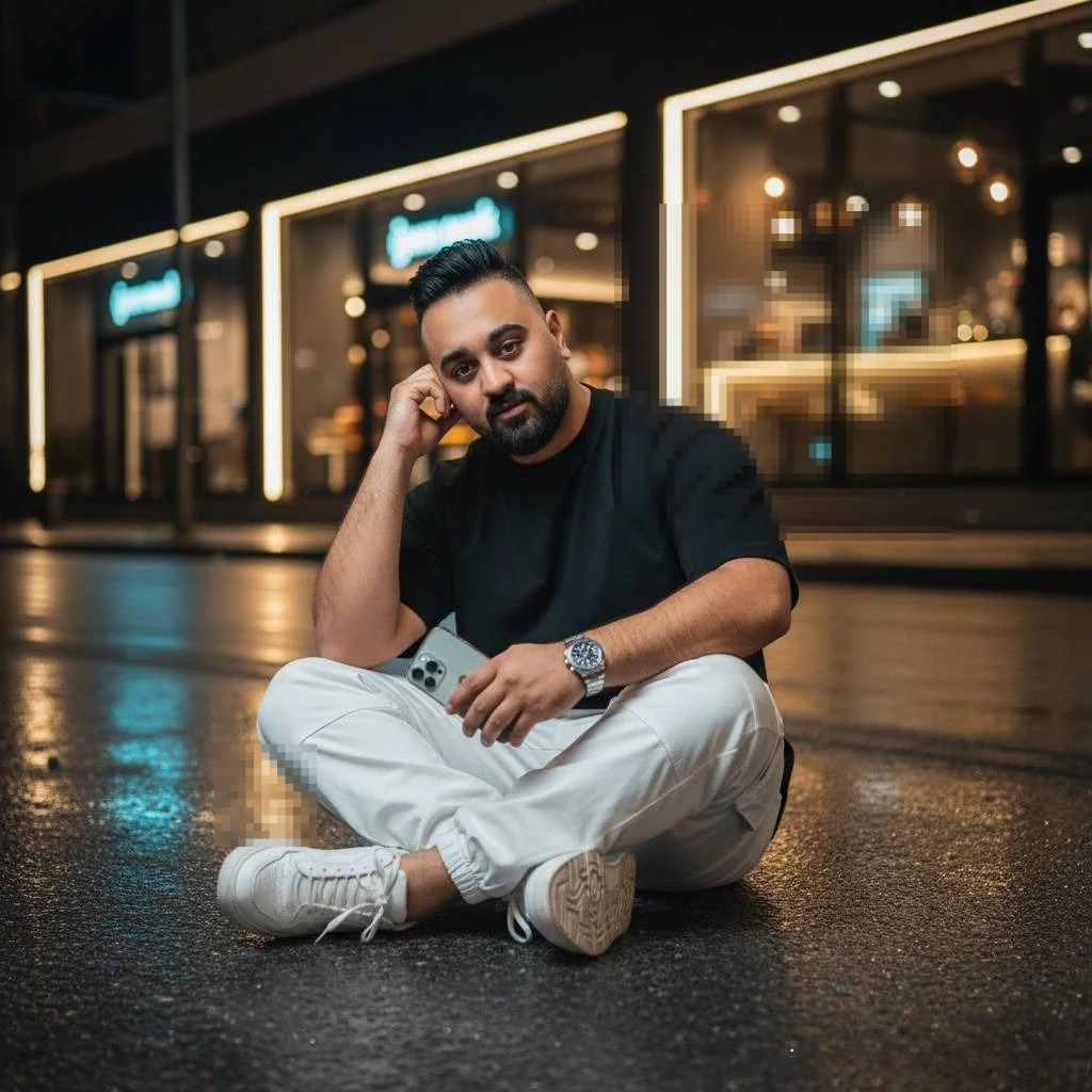 Man sitting on a wet city street at night wearing black t-shirt and white pants holding a phone