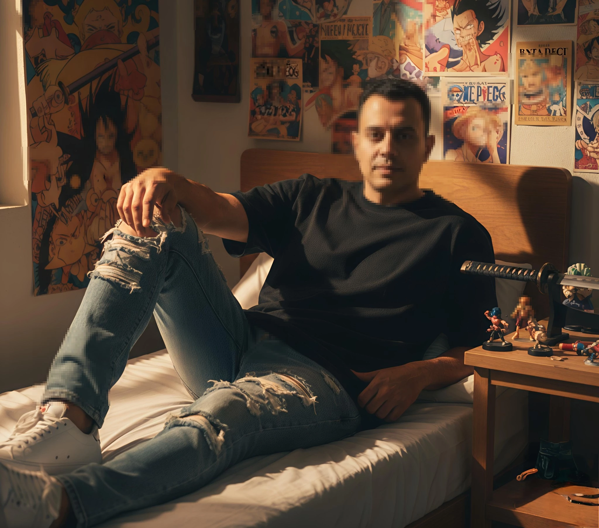 Man sitting on bed in cozy anime room with posters and collectibles
