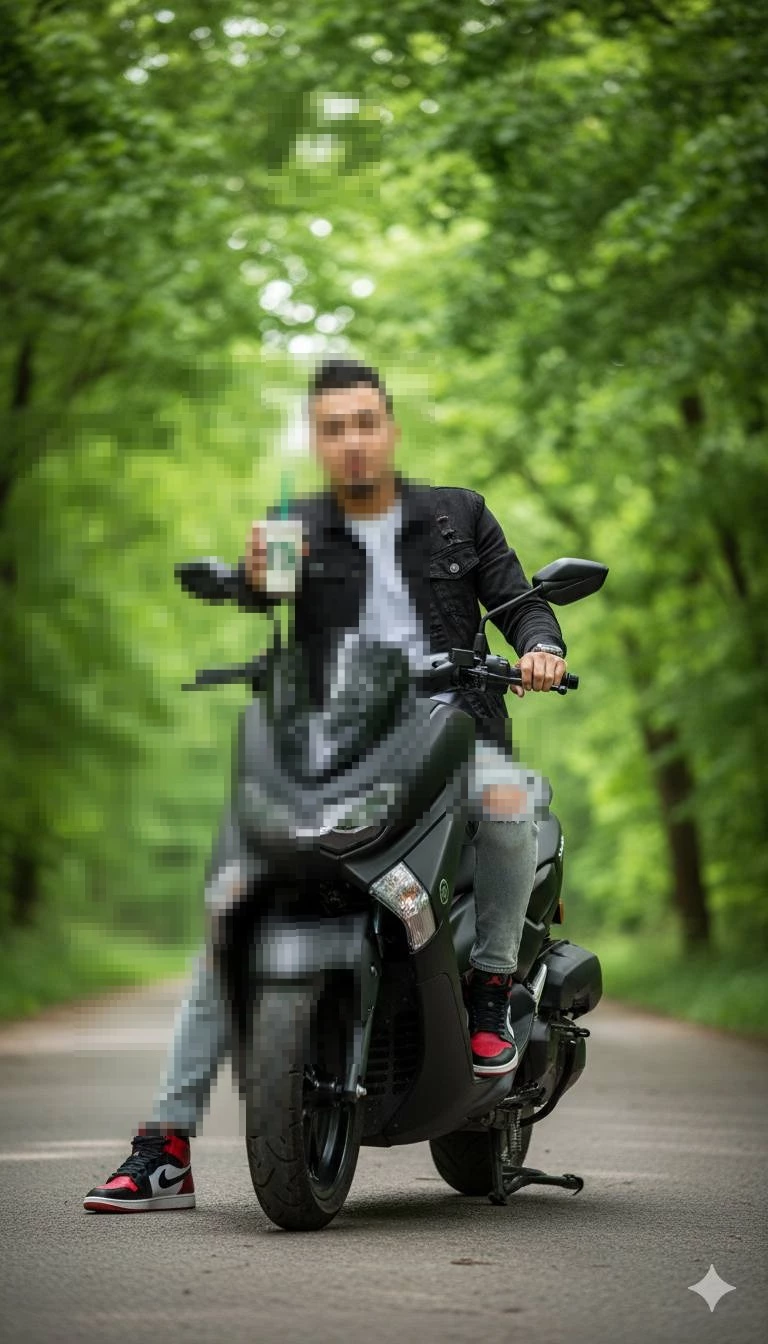 Man Sitting on Black Motorcycle Holding Starbucks Cup in Green Forest Path