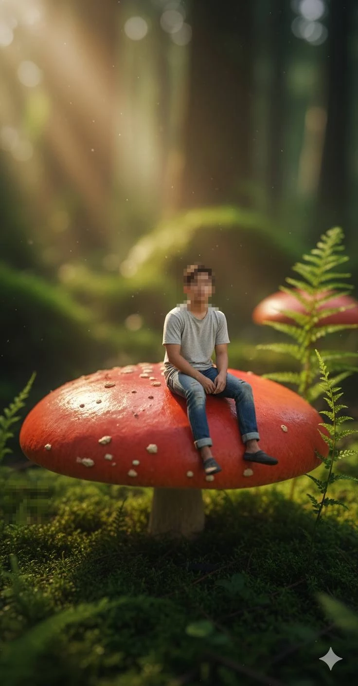 Man Sitting on Giant Red Mushroom in Magical Sunlit Forest