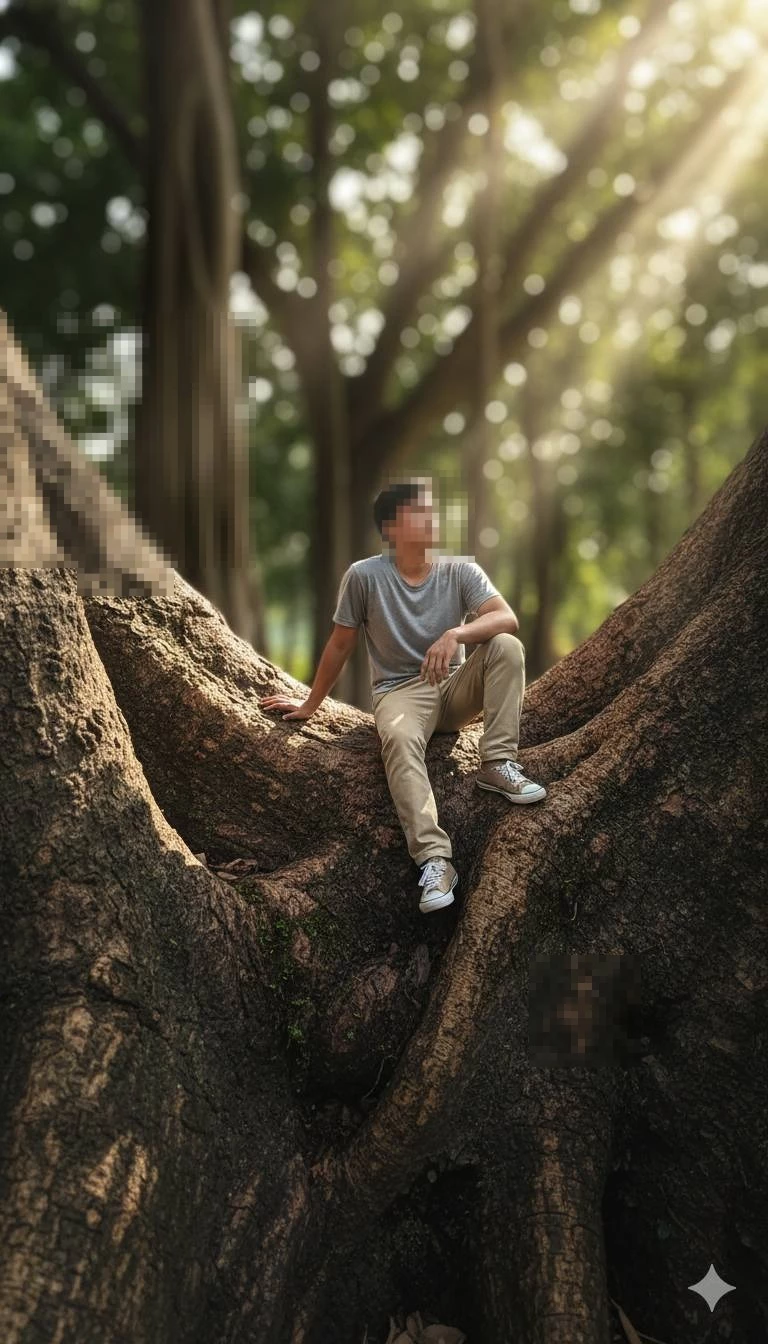 Man Sitting on Giant Tree Roots Under Sunlight in a Peaceful Forest