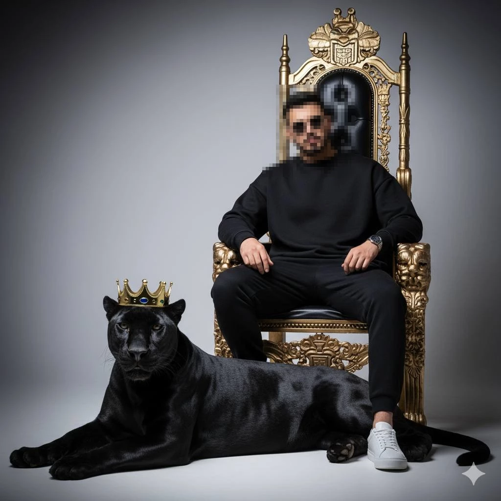 Man sitting on golden throne with crowned black panther beside him