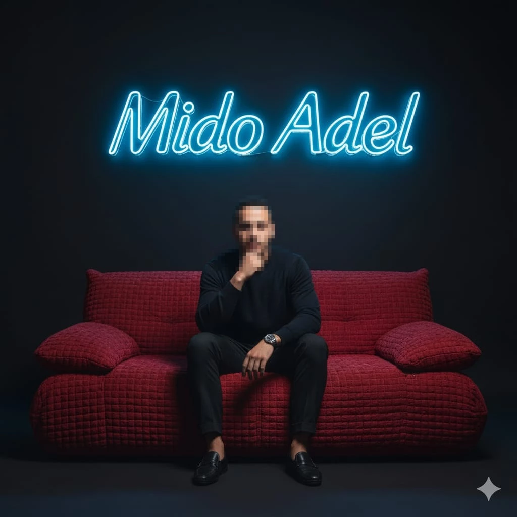 Man sitting on red sofa under neon sign reading Mido Adel in dark studio