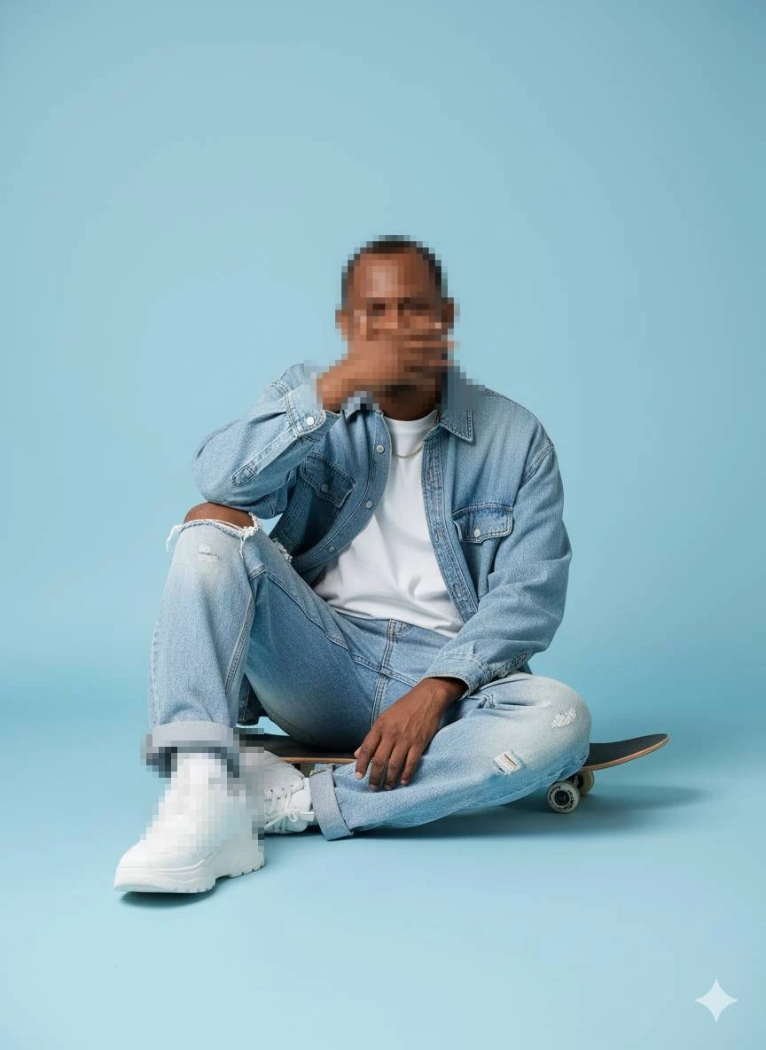 Man Sitting on Skateboard Wearing Denim Outfit and White Sneakers