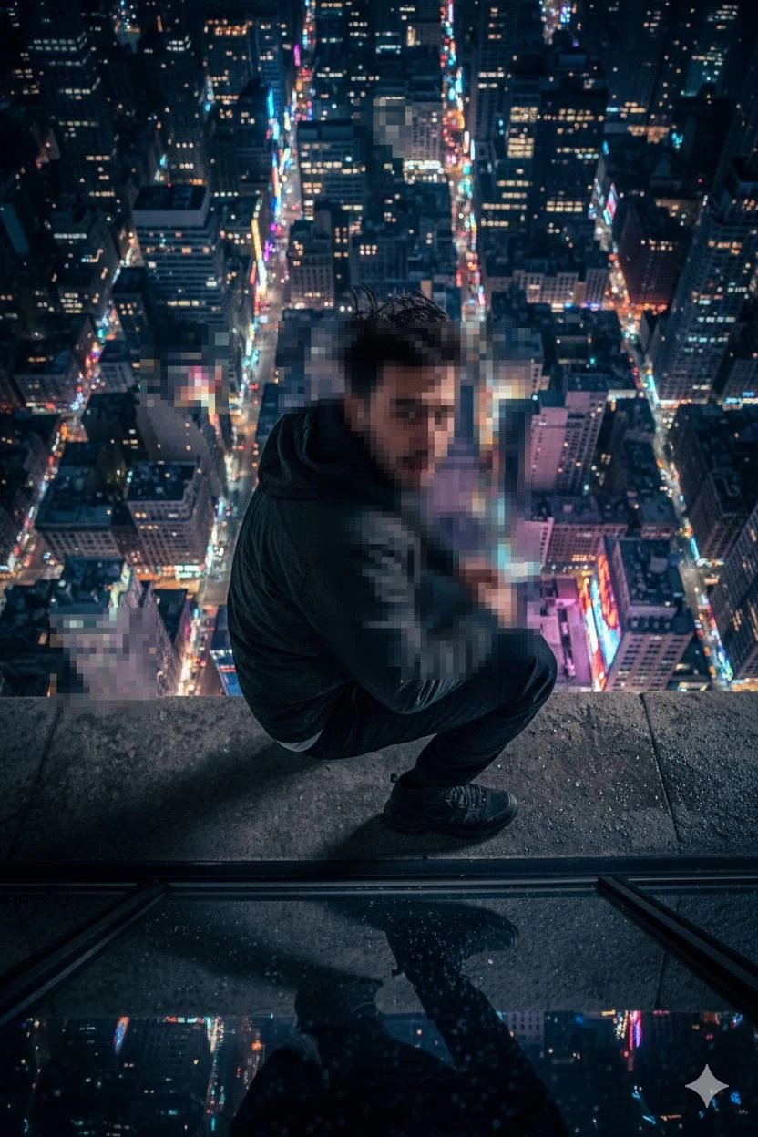Man sitting on skyscraper edge overlooking city lights at night