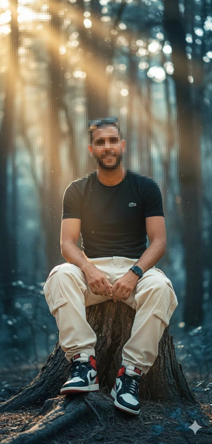 Man Sitting on Tree Stump in Sunlit Forest Wearing Black Shirt and Beige Pants