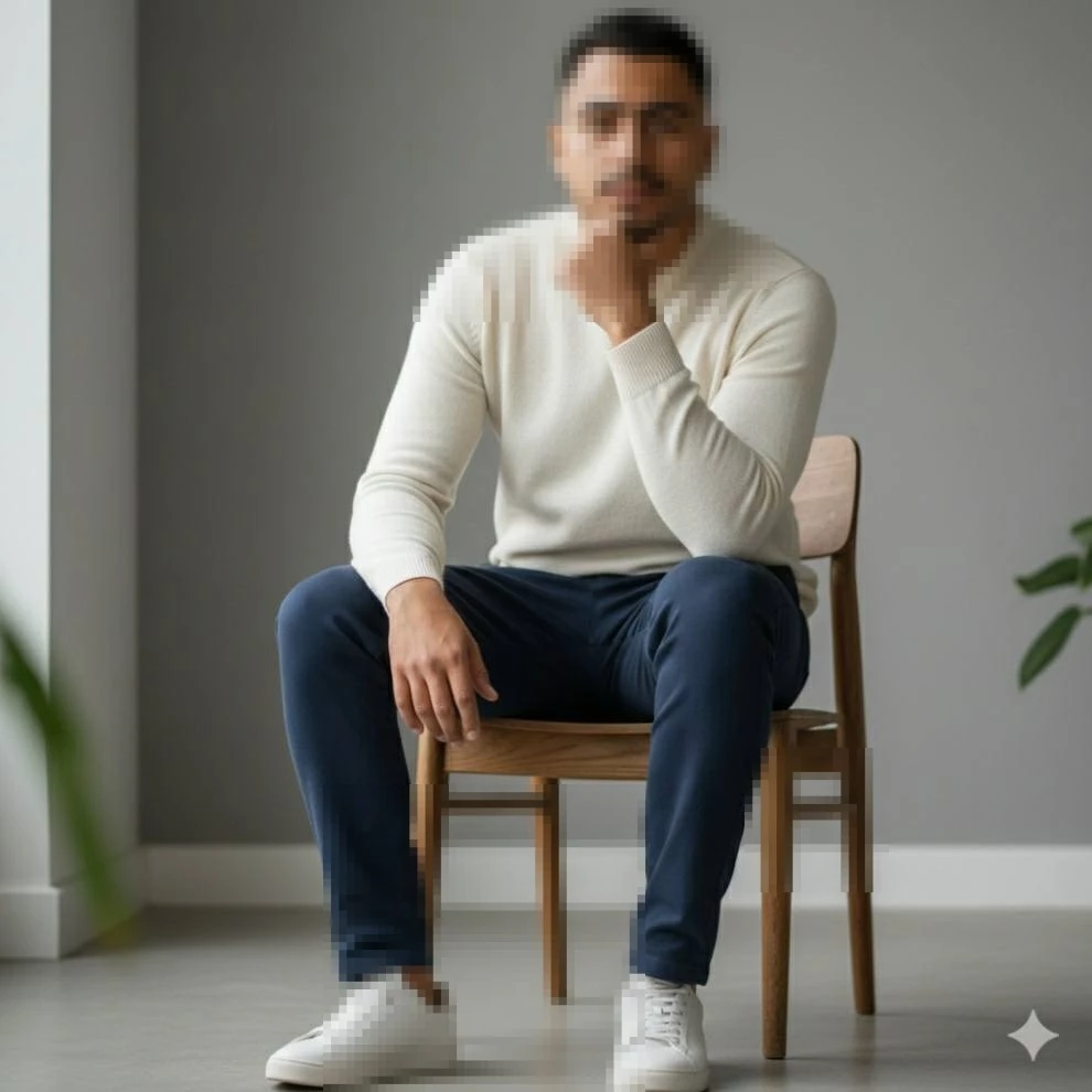 Man Sitting on Wooden Chair Wearing Cream Sweater and Navy Pants Indoors