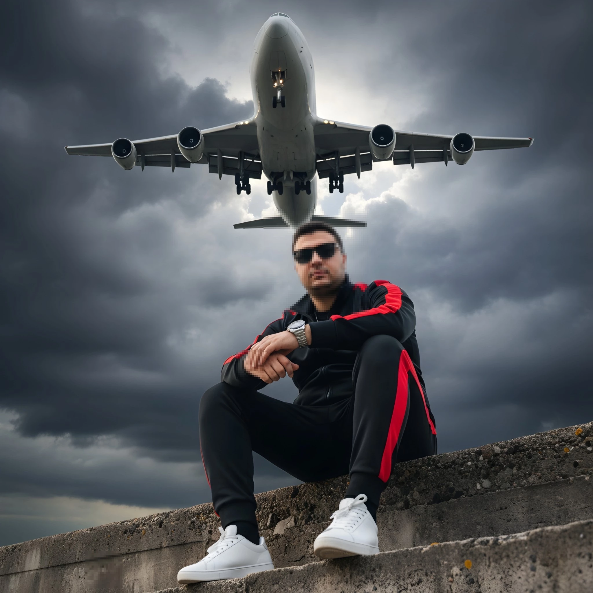 Man Sitting Under Low-Flying Airplane in a Dramatic Stormy Sky Scene