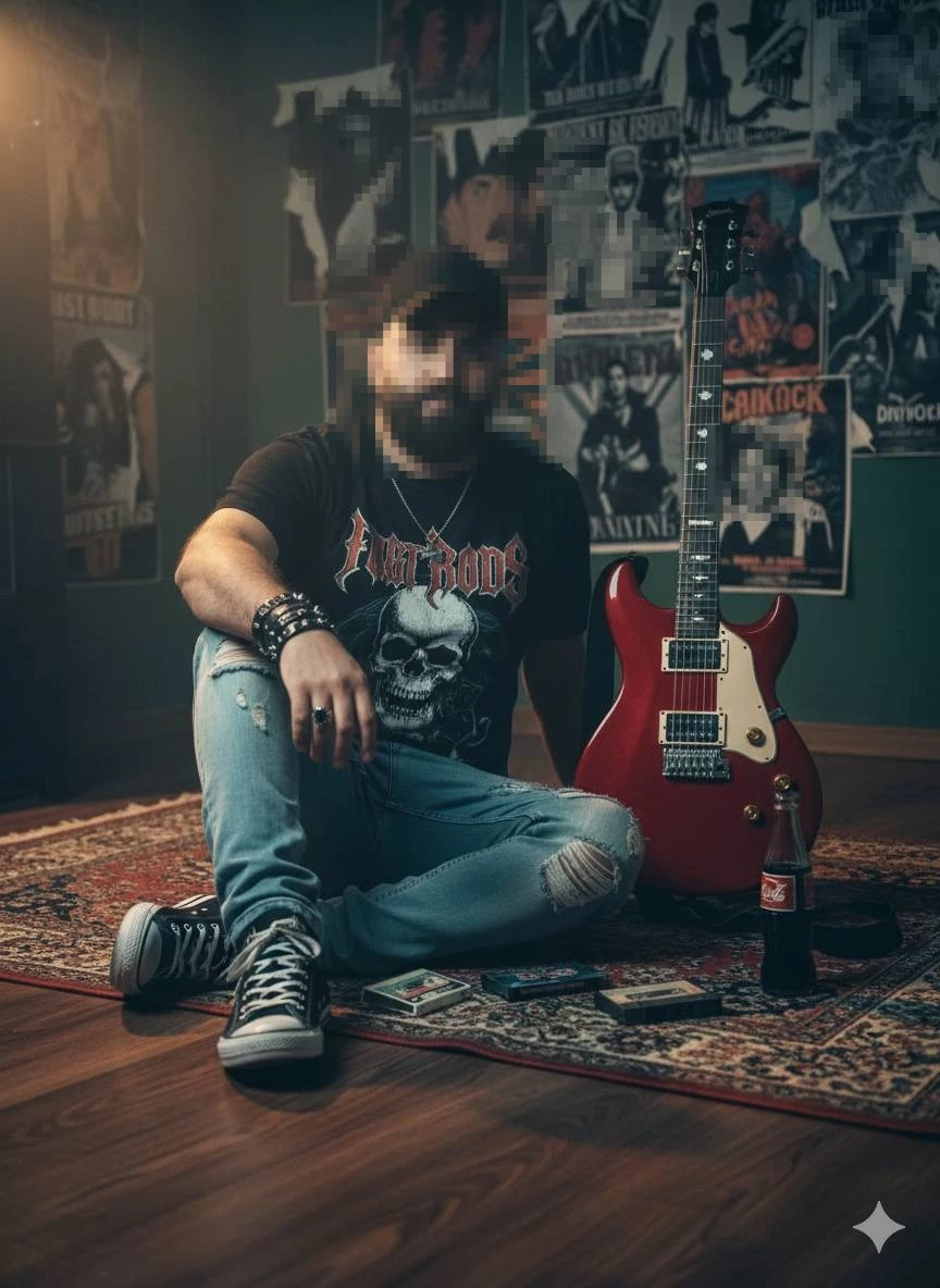Man sitting with red electric guitar in vintage rock-themed studio