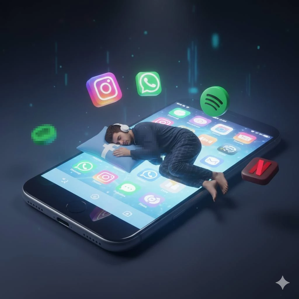Man Sleeping on Giant Smartphone Surrounded by Social Media Icons