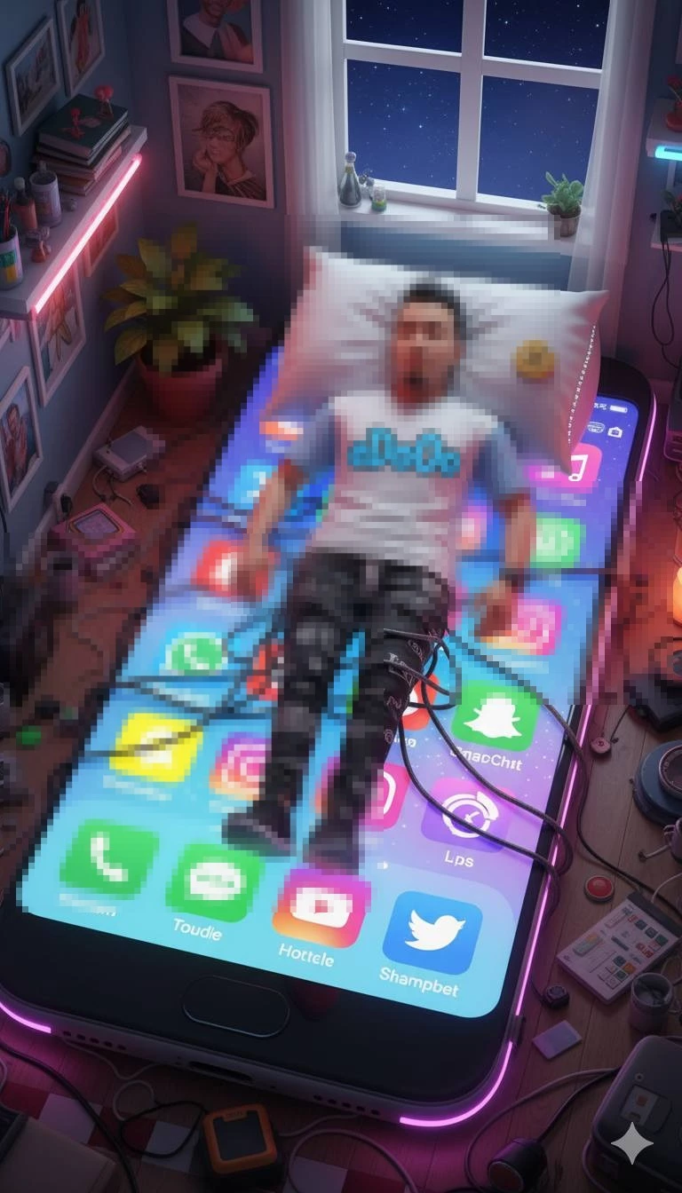 Man Sleeping on Giant Smartphone Symbolizing Digital Addiction