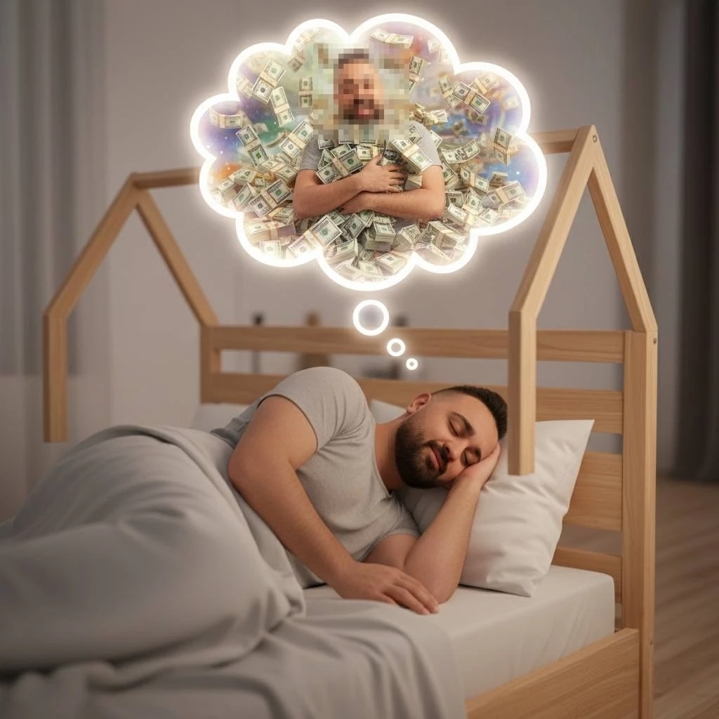 Man sleeping peacefully and dreaming of becoming rich surrounded by money