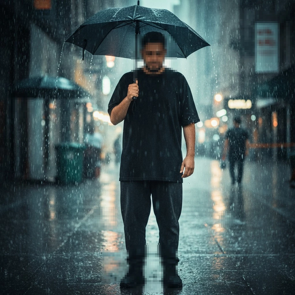 Man Standing Alone Under Umbrella in Rainy City Street at Night