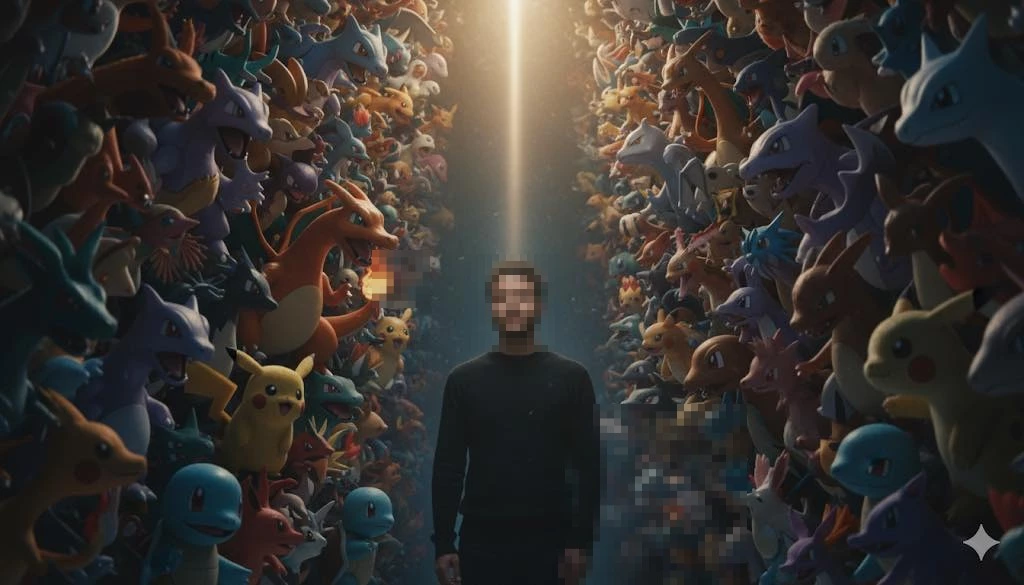 Man Standing Among Colorful Pokémon Characters Under Beam of Light