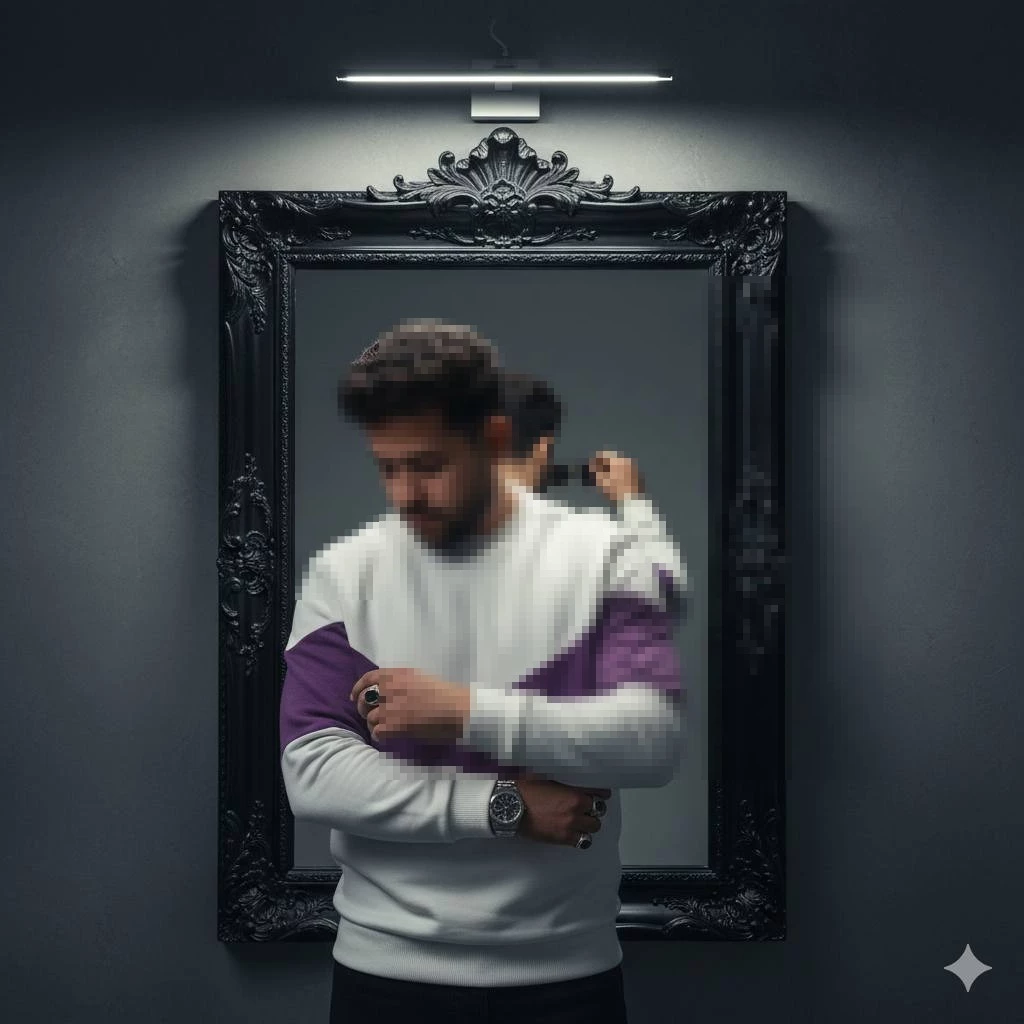 Man Standing Before Ornate Mirror Wearing White and Purple Sweatshirt